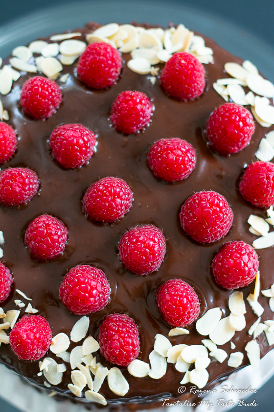 Close up of raspberries and chocolate ganache