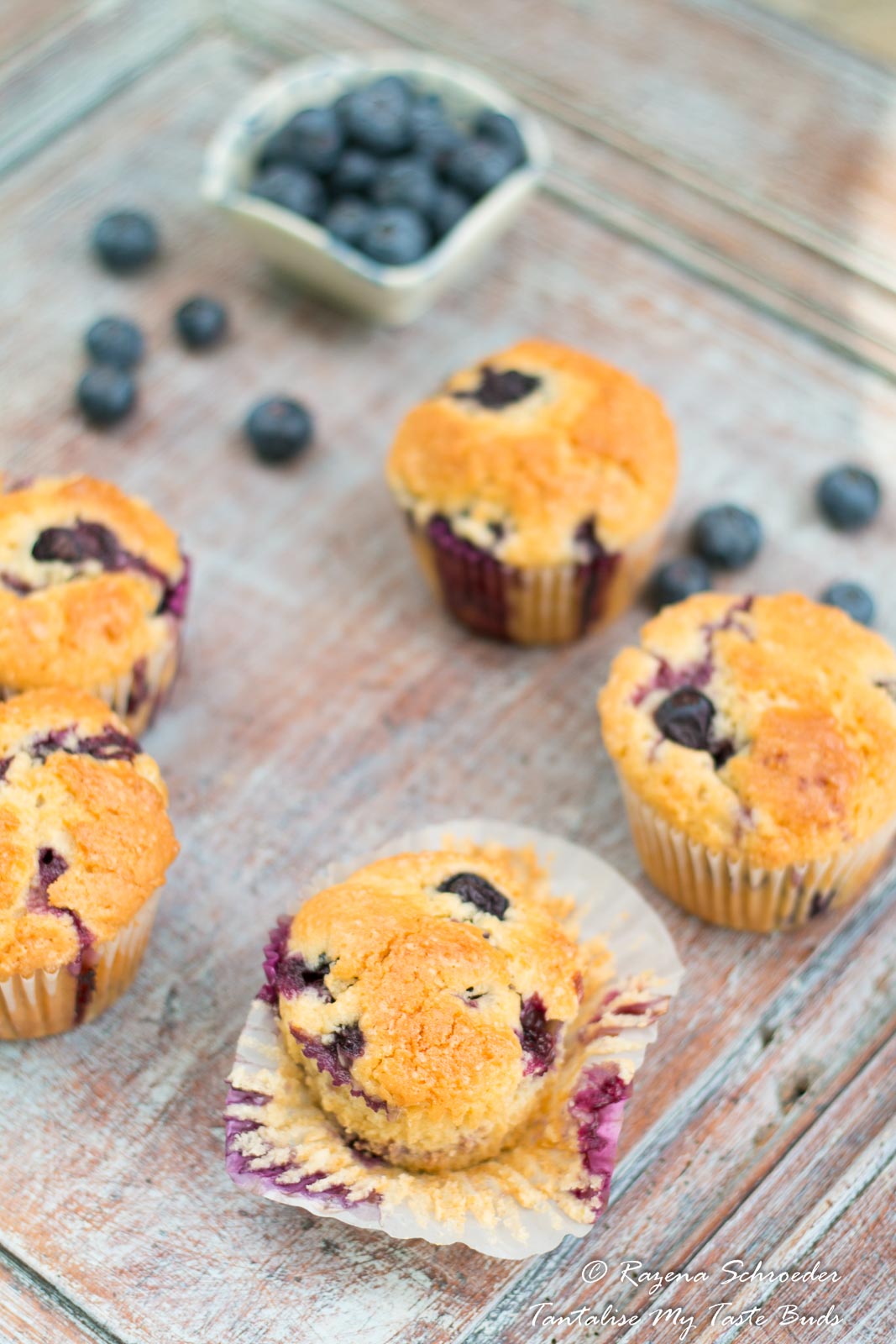 Moist Blueberry Muffins unwrapped 