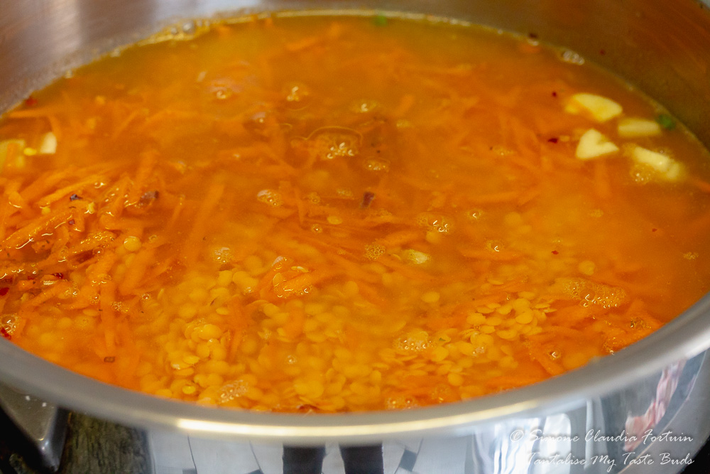 Vegan Red Lentil Soup ingredients cooking