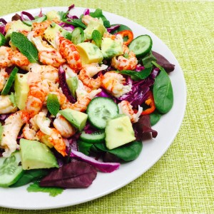 Crayfish salad with avocado, red cabbage and cucumber