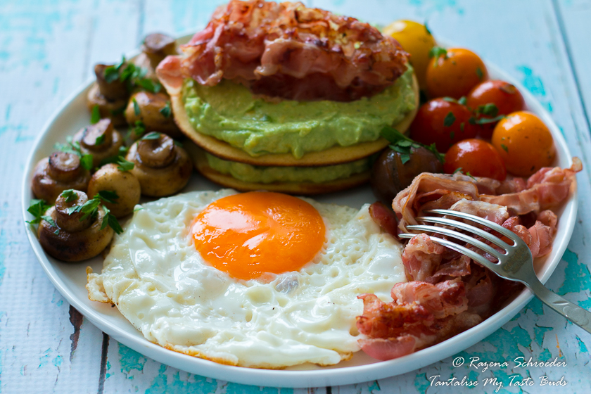 Almond and Coconut breakfast pancakes with eggs, avocado and veal bacon