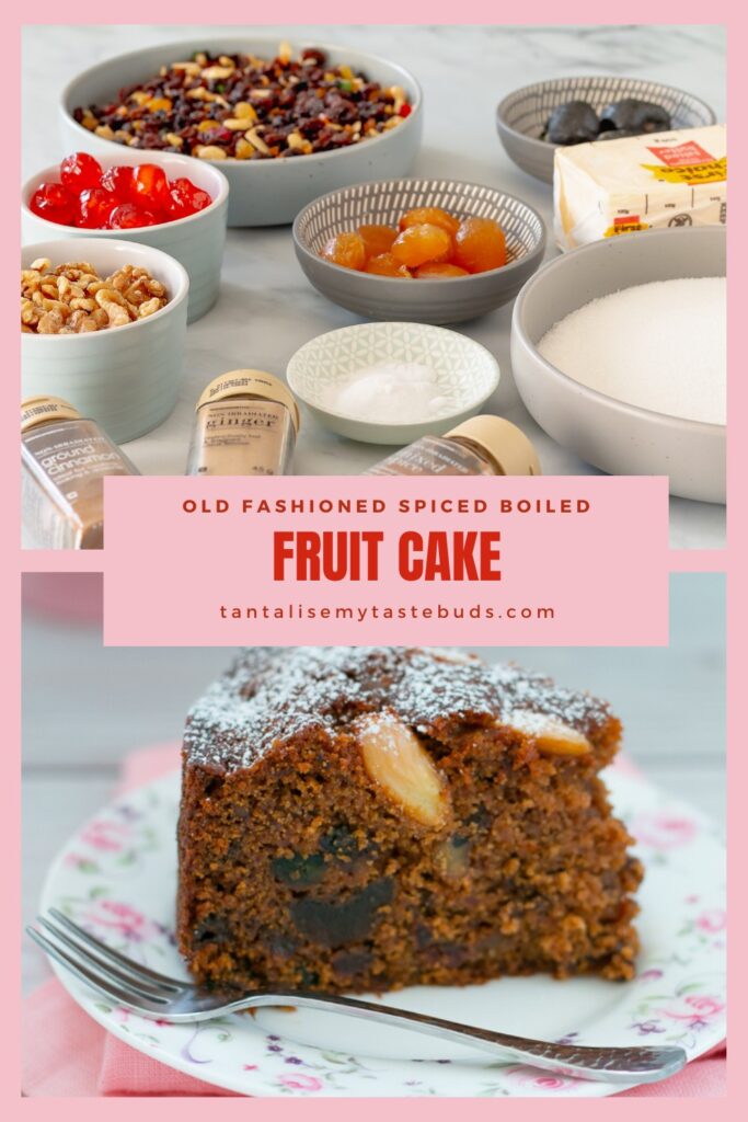 Old Fashioned Spiced Boiled Fruit Cake recipe pin 2