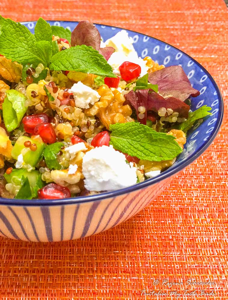 Tricolor quinoa salad with pomegranate, walnuts and feta