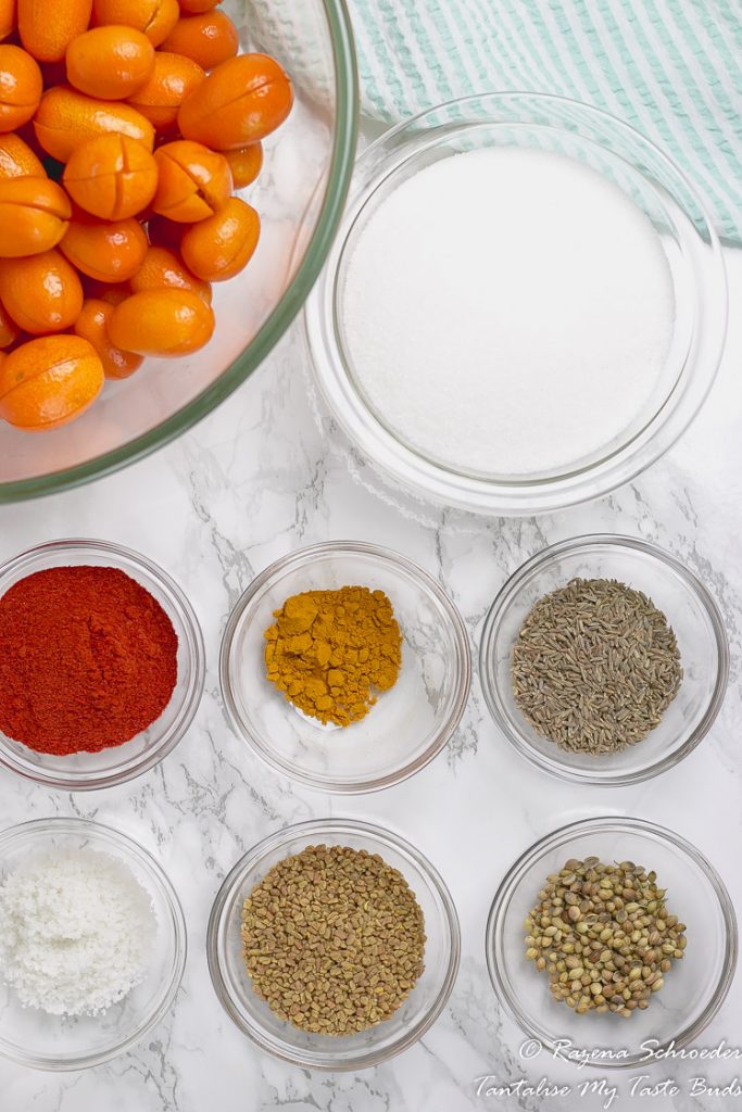 Kumquats with pickle achar spices
