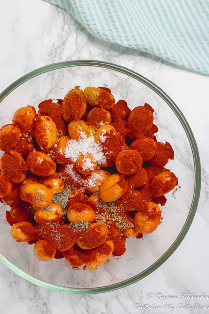 Sliced kumquats with pickle achar spices