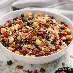 Big bowl of Toasted Luxury Berry Nut Muesli