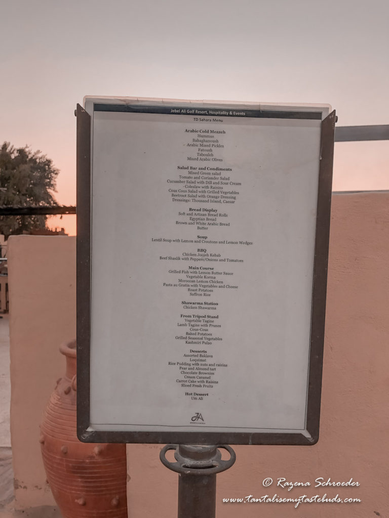 Dubai evening desert safari menu