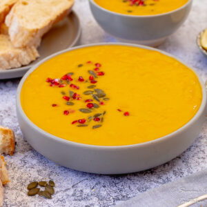 Carrot and Pumpkin soup without cream with crusty bread and chili oil